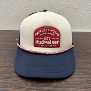 Budweiser Hat Cap Strapback White Blue Retro Logo Trucker Rope Anheuser Busch